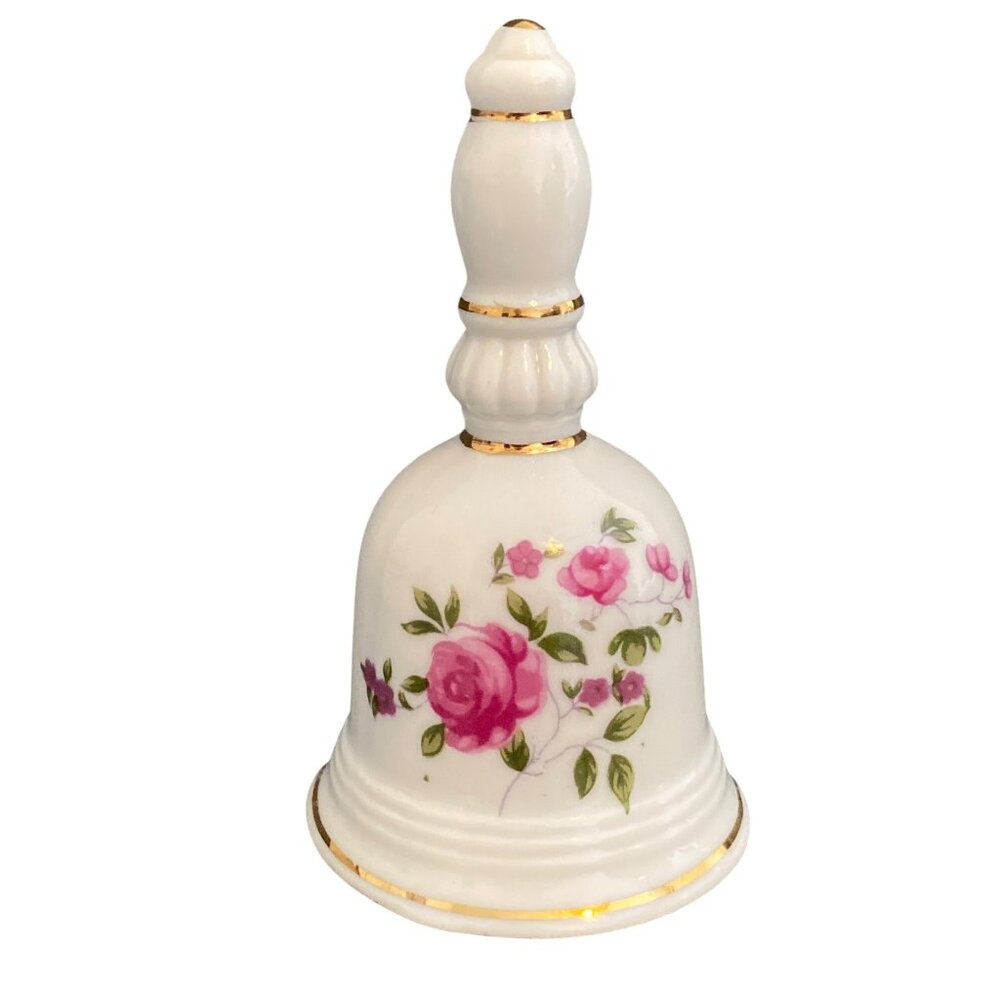 VTG White Dinner Bell Pink Roses Floral White Gold Trim Ceramic